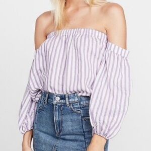Express Purple White Striped Off the Shoulder Shirt, Balloon Sleeve Size X Small